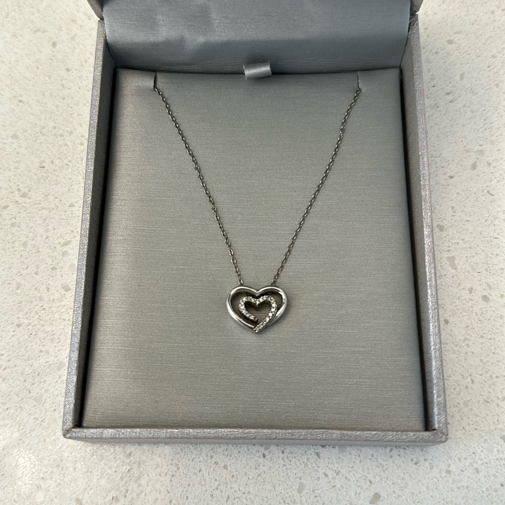 Diamond Double Heart 19" Pendant Necklace: 925 Sterling Silver, 1/10ct Diamonds